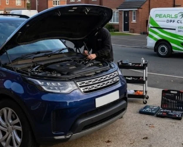 Pearls Tuning technician working on a Land Rover Discovery with the mobile van on site in Kent