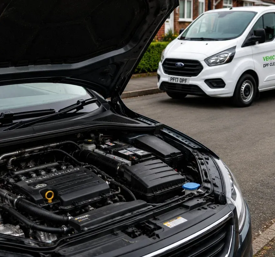 Diesel engine bay with the branded Pearls Tuning DPF cleaning van on a Kent driveway