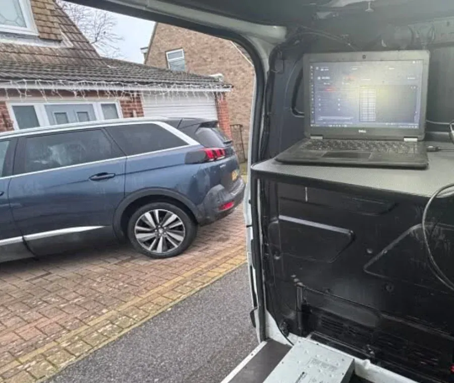 Pearls Tuning van set up beside a Peugeot 5008 on a customer driveway in Kent
