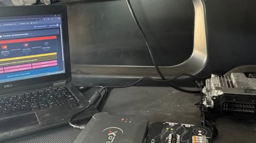 ECU connected to the FLEX rig mid remap inside the Pearls Tuning van
