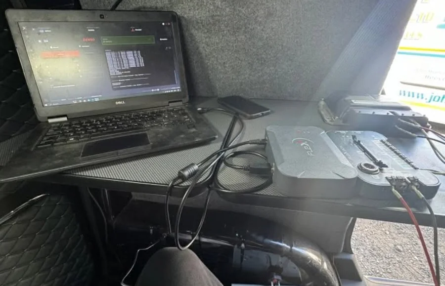 DENSO diagnostics and FLEX tuning kit set up in the mobile workshop